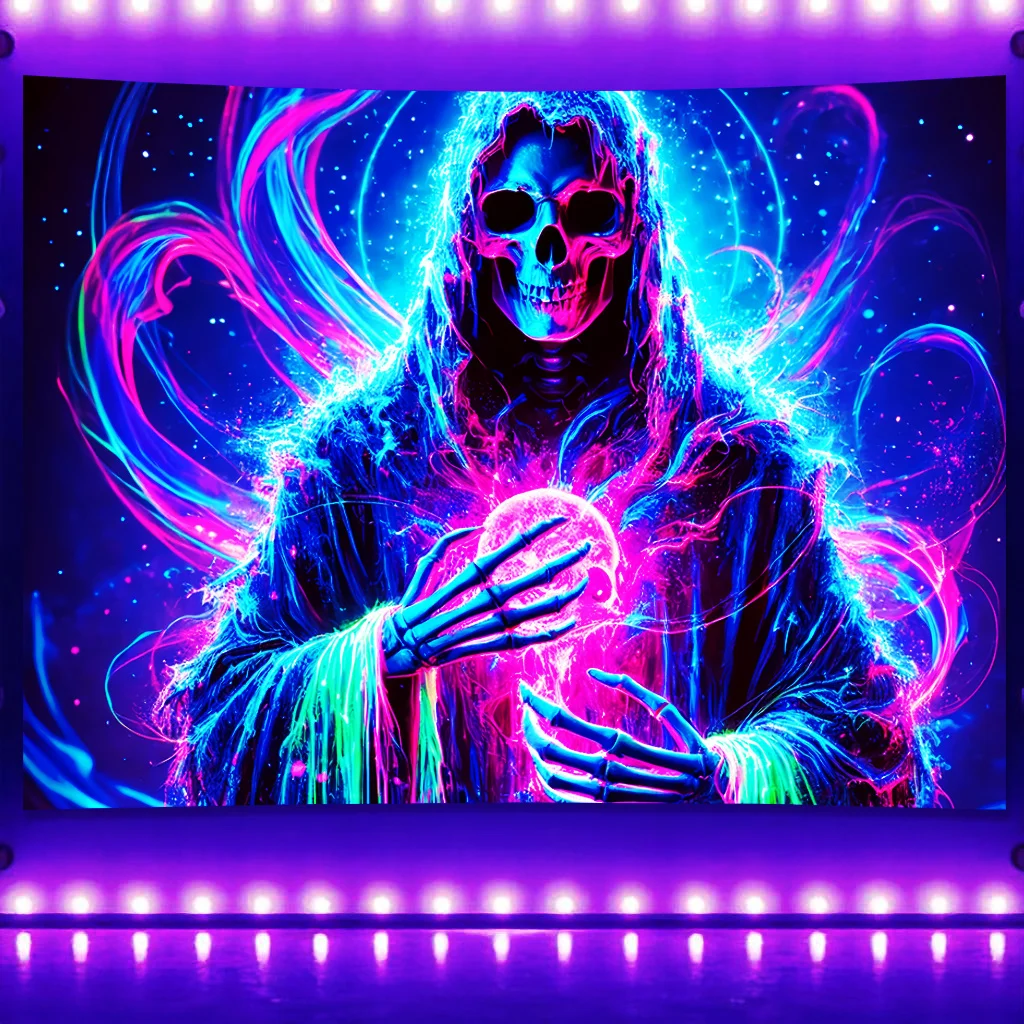 VIKAMA Glow-in-the-Dark Skull Starry Sky Tapestry Gaming Bedroom Music Bar Dark Theme Party Room Decor