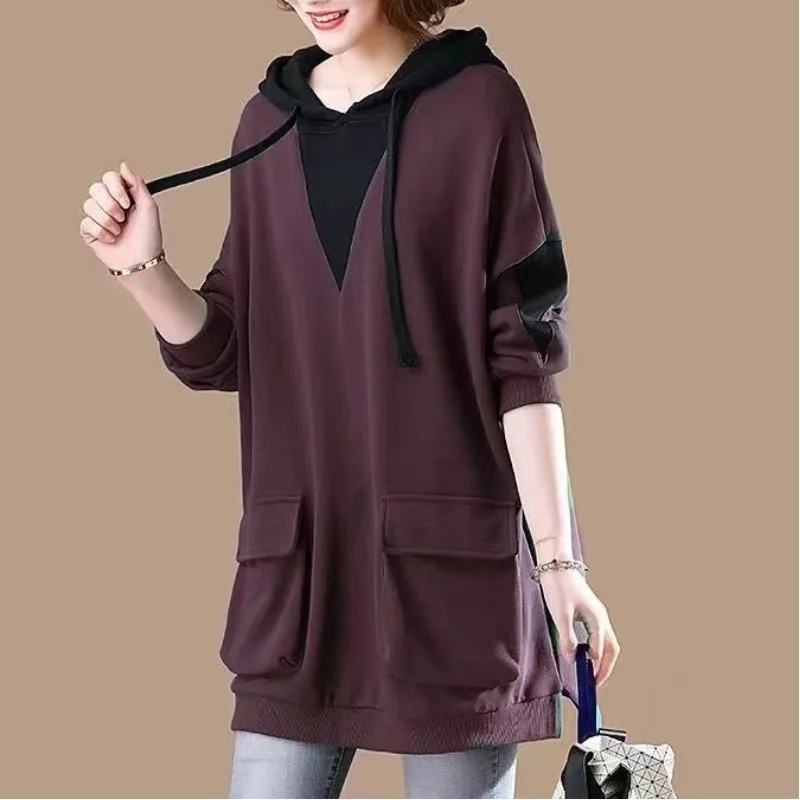 Autumn and Winter Women\'s Hooded Drawstring Patchwork Pockets Loose Solid Color Fashion Casual Elegant Commuter Long Sleeve Tops