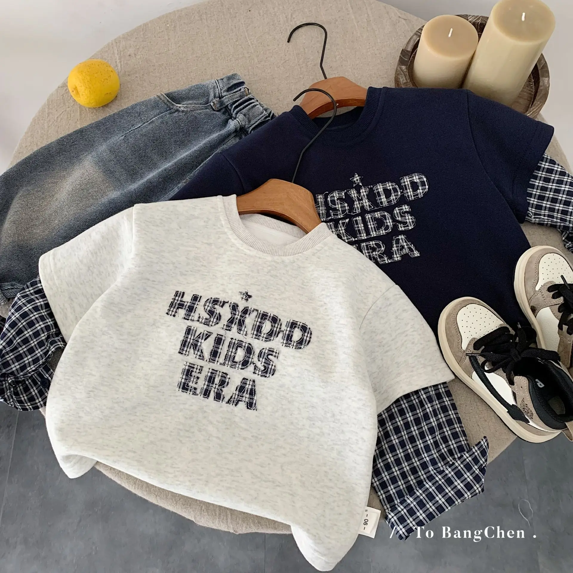 

Children's Sweatshirt 2025 Autumn Boys Fake Two-Piece Embroidered Crew Neck Top Boys Autumn Base Shirt