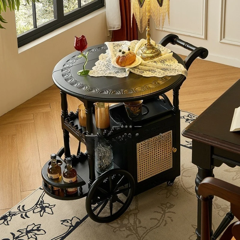 

Retro teak hand-carved cart, French retro solid wood folding coffee table black mobile