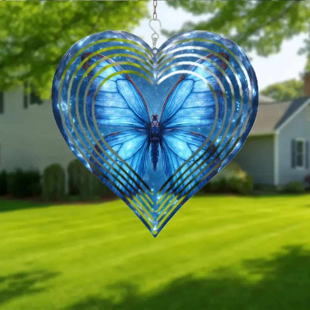 2D Flat, Single Piece Metal Wind Chime, Decorative Hanging Item, Captivating Blue Morpho Butterfly - Beautiful Translucent Wings