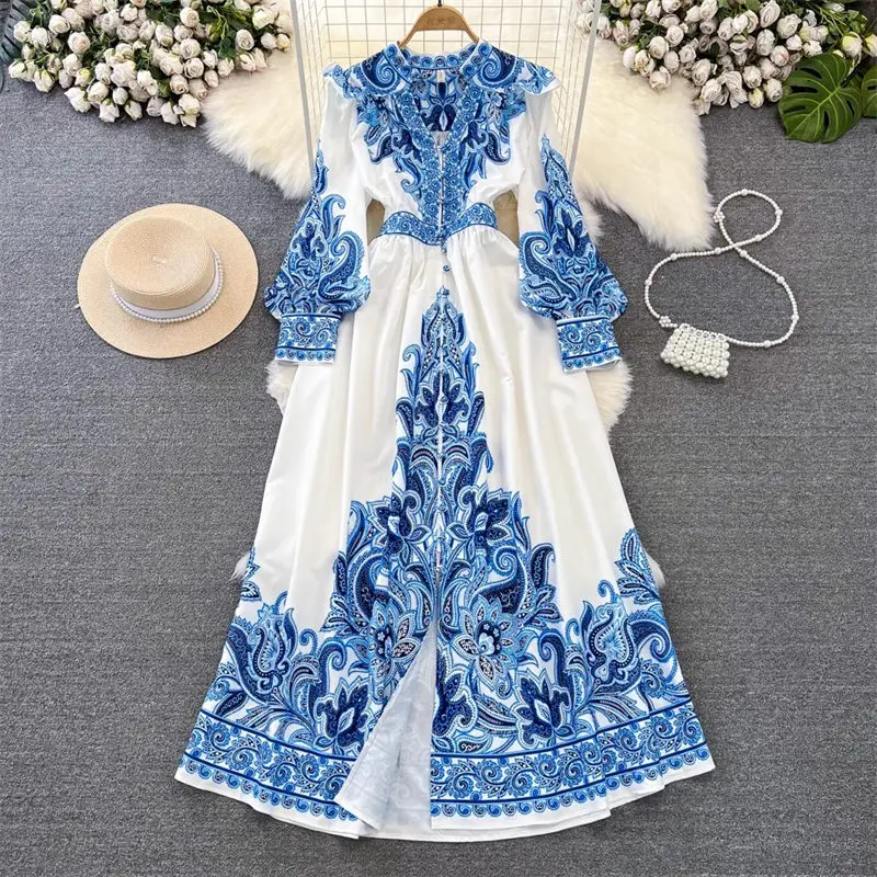 

Palace Style Dress Female Autumn Temperament V-Neck High Waist Slim Long Retro Print Dress Maxi Ladies Vestidos Robes z3686