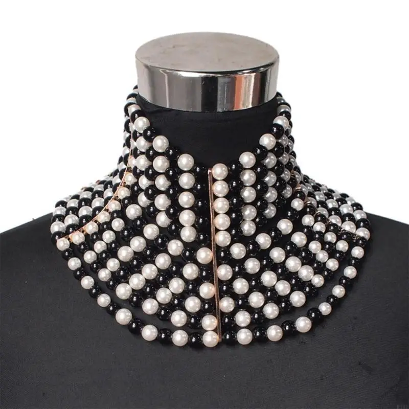 R1WE Women Vintage Exaggerated Choker Multi Strands Layered Imitation Pearl Jewelry High Collar Statement Necklaces for Wedding