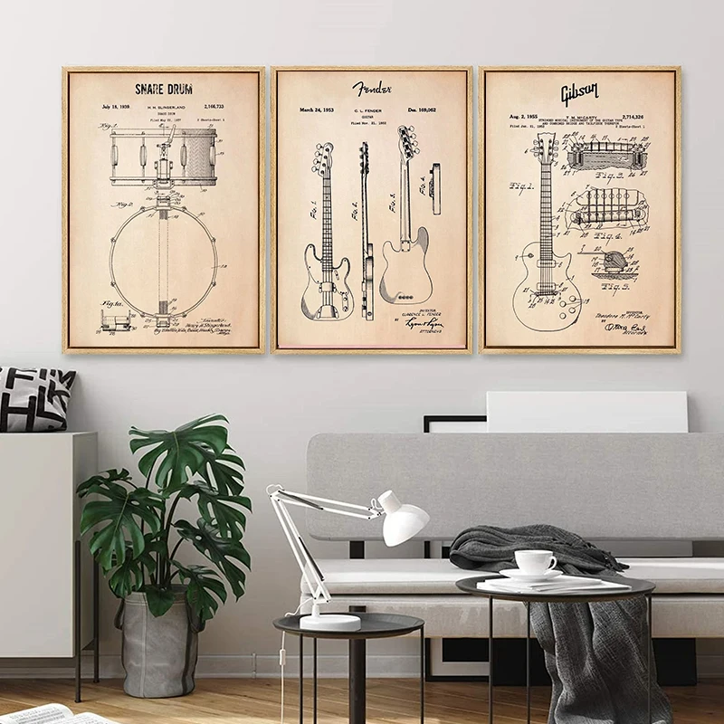 Vintage Gibson Les Paul Guitar Snare Drum Blueprint Poster and Print Canvas Printing Wall Art Picture for Living Room Home Decor