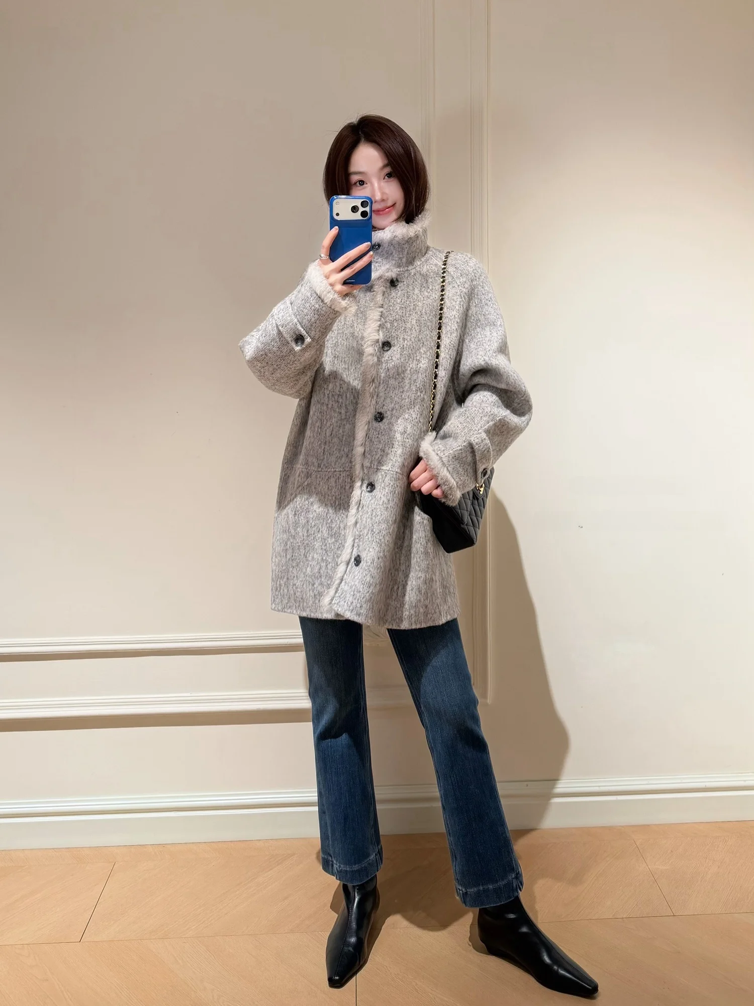 

Cao Daman Vintage Thiened Woolen Coat Women's Mid-Length Stand Collar Rabbit Fur Lamb Woolen Outerwear Casual Busin