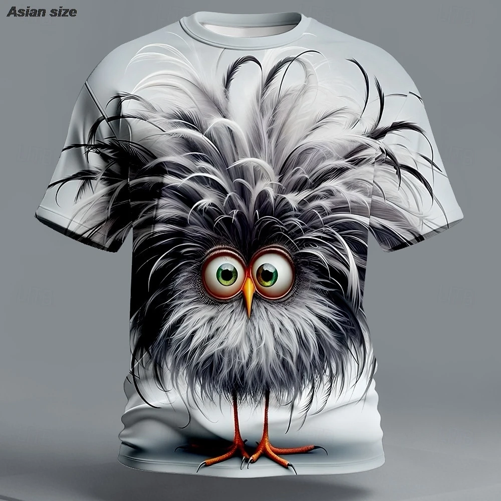 Mens 3D Funny Crazy Bird T Shirt Big Eyes Ostrich Graphic Tees Messy Feathers Print Short Sleeve Summer Casual Tops Apparel