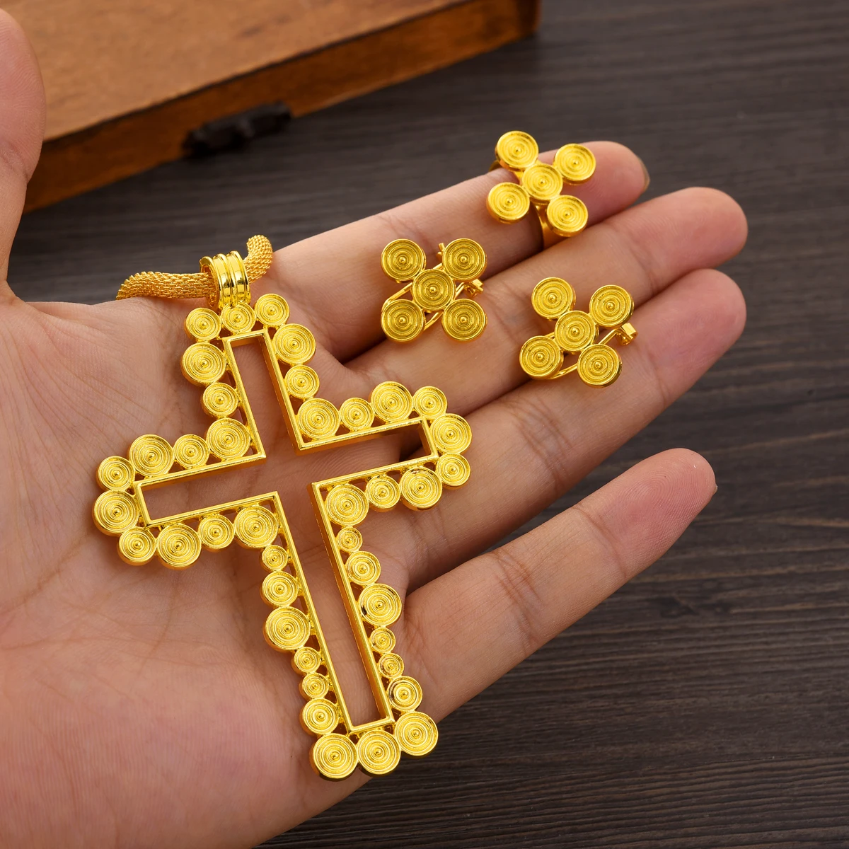 【Ten styles】Classic Golden Color Ethiopian Cross Jewelry Set Women Pendant Necklace Ring Earrings African Bridal Wedding Gifts