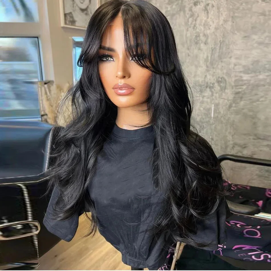 Peluca de cabello humano judío con base de seda 5x5 sin pegamento, larga, negra, ondulada, con cabello de bebé, encaje HD, cabello europeo, pre-arrancada.