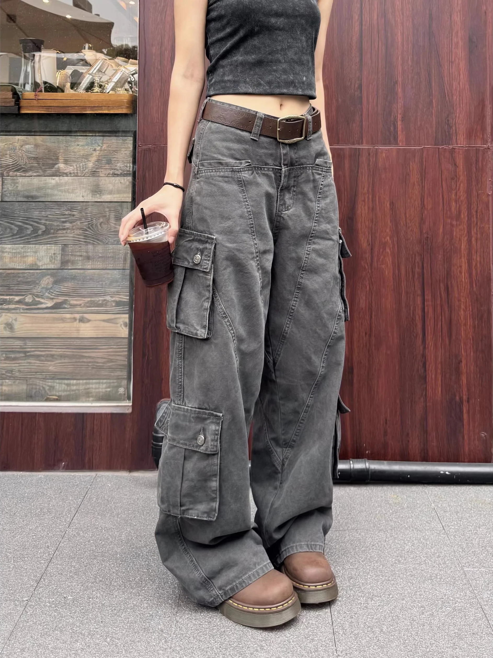 

American Retro Loose Straight Multi-ket Work Pants Men's High Street Wide Leg Casual Sports Floor-Length Trousers