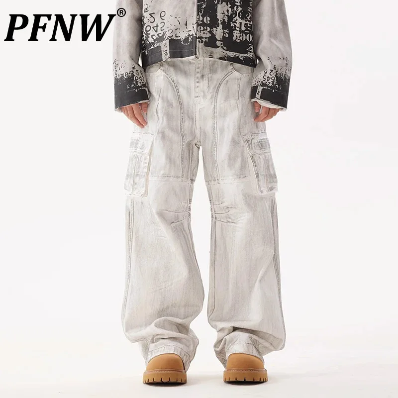 

PFNW American Texture Design Dirty Jeans Men's Multi Pockets Washed Worn-out Streetwear New Autumn Casual Men Pants Chic 28W5193