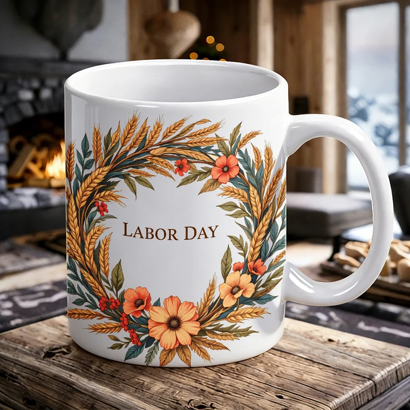 Labour Day Mug Coffee Cup Ceramic Cup Labor Day Floral Wreath Printed Pattern
