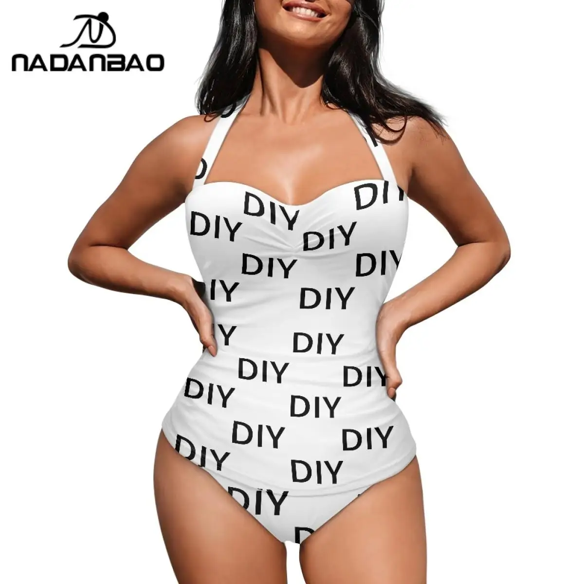 Nadanbao DIY Strap One-Piece Retro Bikini Custom Logo or Image Sexy Halter Swimsuit for Women Personalization Print Bathing Suit