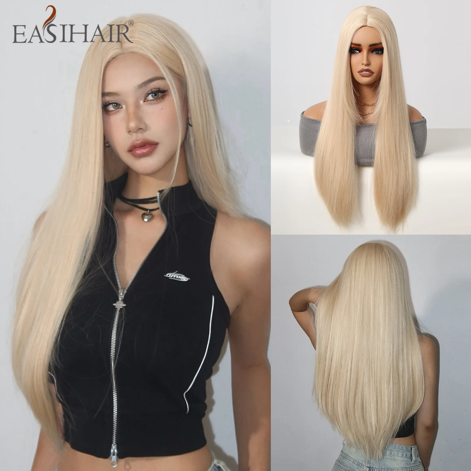 Blondynka Złote Peruki Syntetyczne Długie Proste Włosy Naturalne Peruki dla Kobiet Środkowa Część Peruki Cosplay Party Odporne na ciepło Sztuczne Włosy
