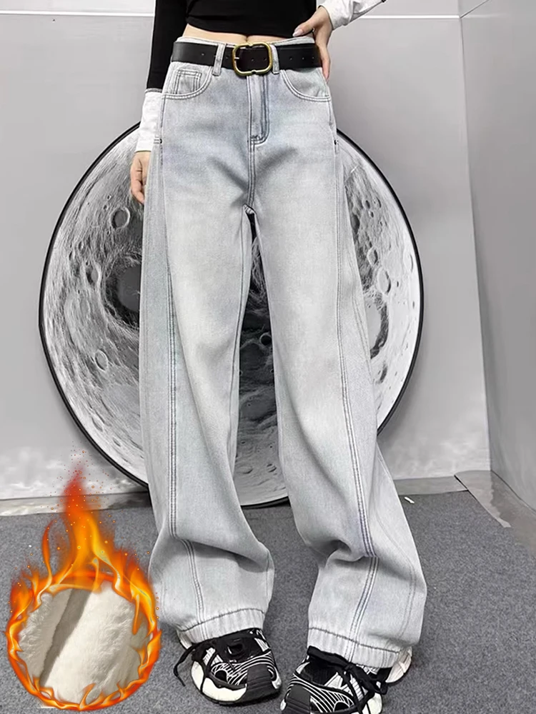 Winter Velvet Lined Casual Baggy Straight Jeans Korean Warm High Waist Pantalones Vintage Spodnie Streetwear Women Denim Pants