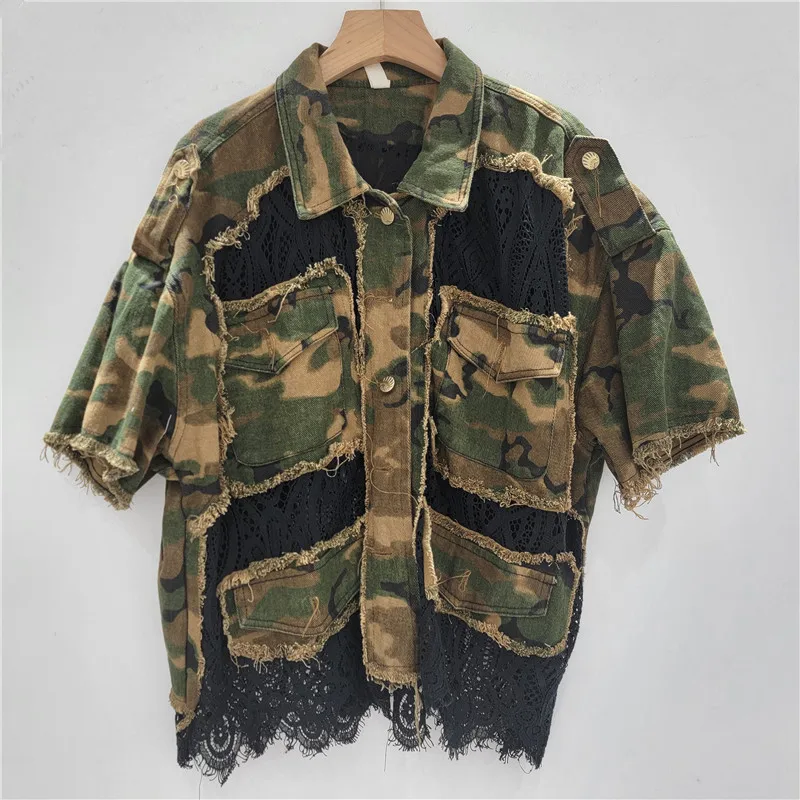 Distressed Camouflage Stitching Lace Patch Distressed Post-Apocalyptic Fashion Wasteland Style Women's Blouse Short Sleeve