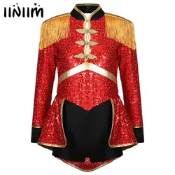 Girls Circus Ringmaster Halloween Lion Tamer Cosplay Outfits Fringe Epaulet Sequins Bodysuit Vintage Ballet Dance Dress Costume