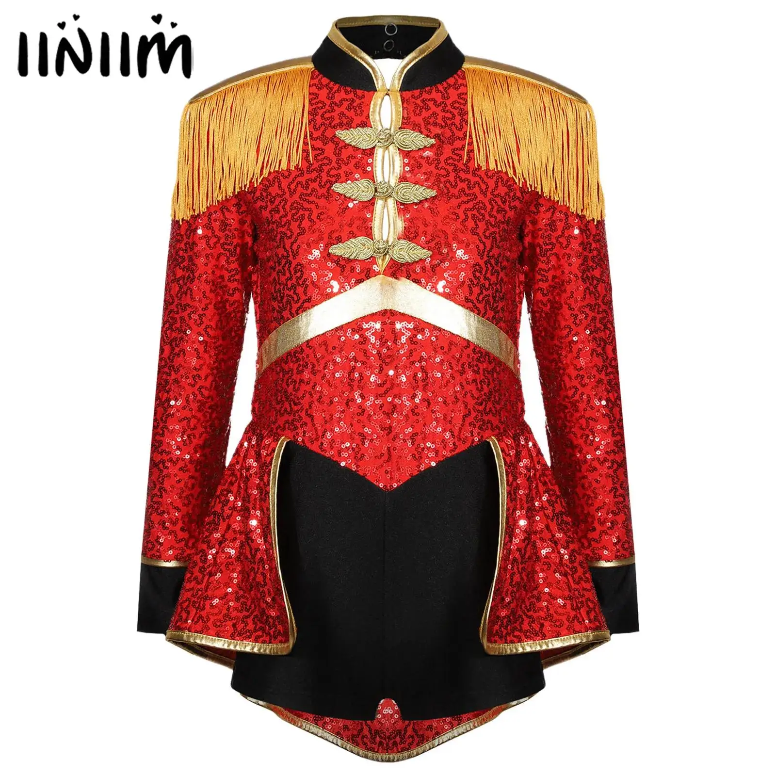 Girls Circus Ringmaster Halloween Lion Tamer Cosplay Outfits Fringe Epaulet Sequins Bodysuit Vintage Ballet Dance Dress Costume