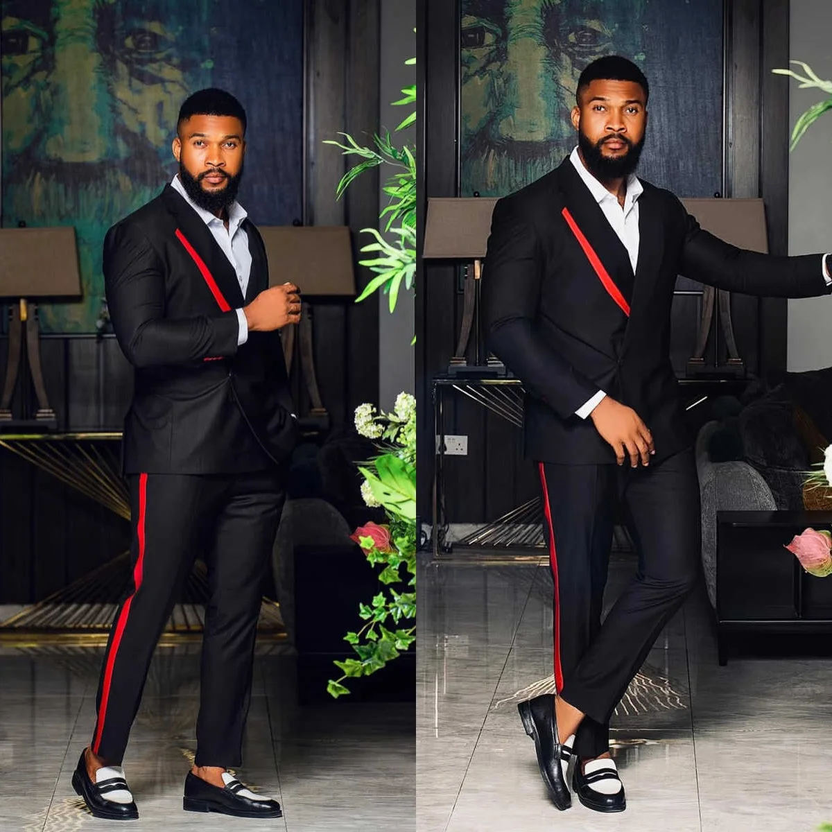 Smart Mens Wedding Tuxedos Customized Red Stripe Double Breasted Formal Business Groom Wear costumes homme 2 Pieces Pants Sets