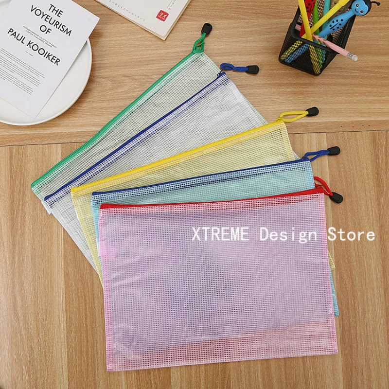 5pcs Mesh Zipper Pouch Document Bag Waterproof Zip File Folders A5 School Office Supplies Pencil Case Storage Bags