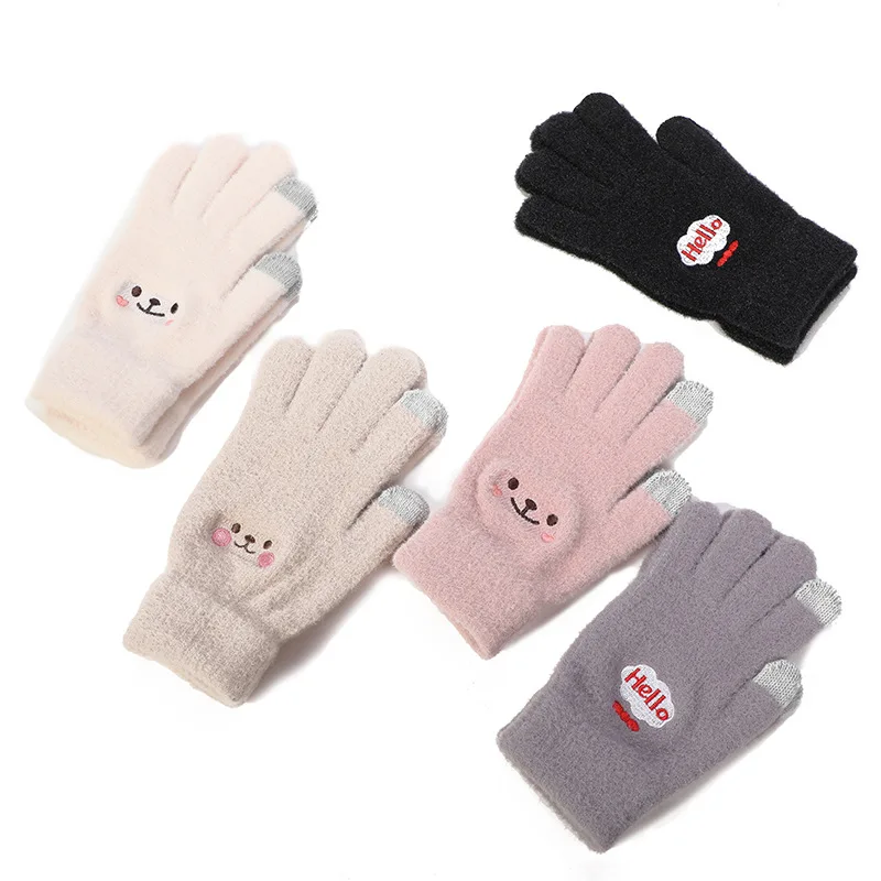 Kawaii Gloves Female Cute Cartoon Embroidered Smiley Bear Touch Screen Autumn Winter Warm Women Wool Knit Gloves Soft Cotton