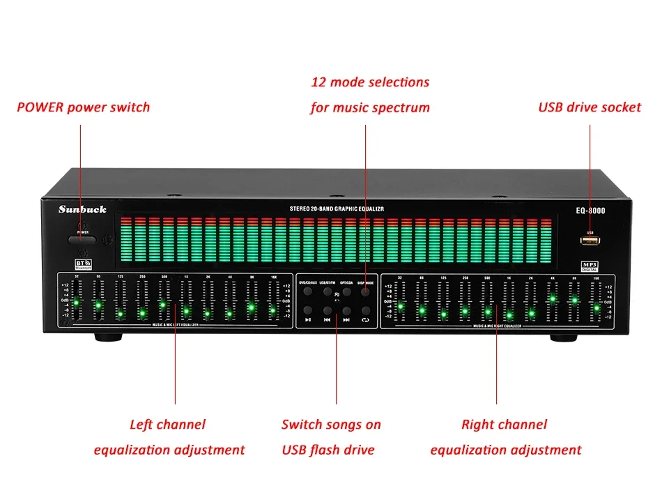 EQ8000 Эквалайзер Bluetooth 5,4 Волоконно-коаксиальный цифровой аудиодекодирование USB-диска Предварительный плеер AC220V ± 10% 50 Гц/60 Гц