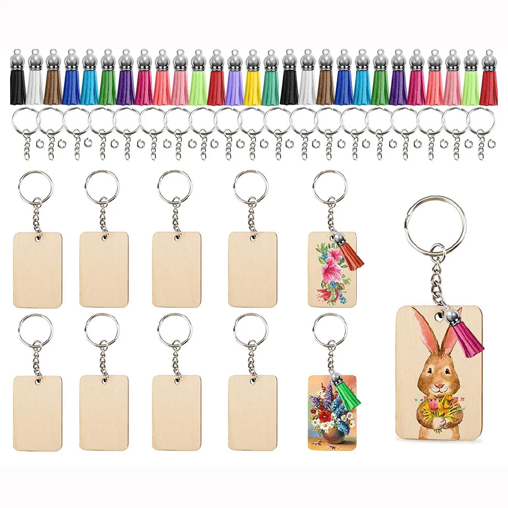 40pcs DIY Wood Keychains Blanks Tassel Charms Set Round Rectangle Wooden Ornaments Blank Key Rings Keychain Tassels Jump Rings