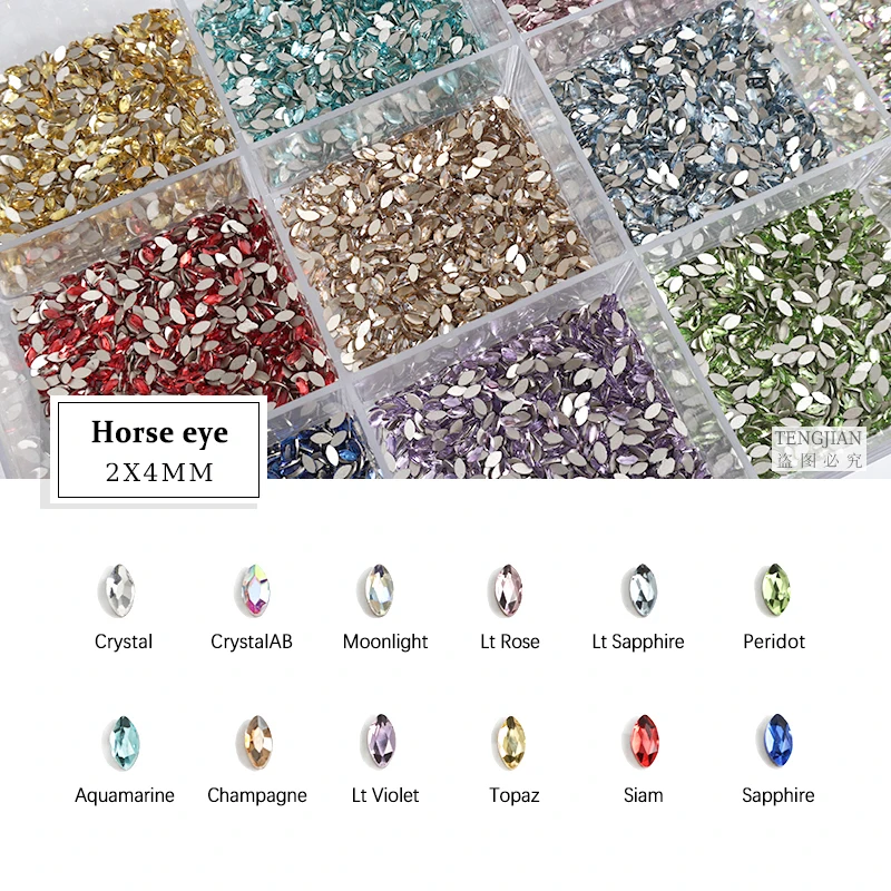 Mini Flat Back Horse Eye 2x4mm Nail Art Rhinestones 12Color Glass Crystals For DIY Manicure Decoration Diamond 30/100Pcs