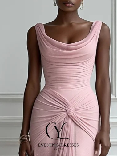 CUYUN Rosa drapiertes formelles Kleid mit Schlitz, Wasserfallausschnitt, ärmellos, A-Linie, Abendkleid, maßgeschneidert, elegante Damen-Partykleider 2025