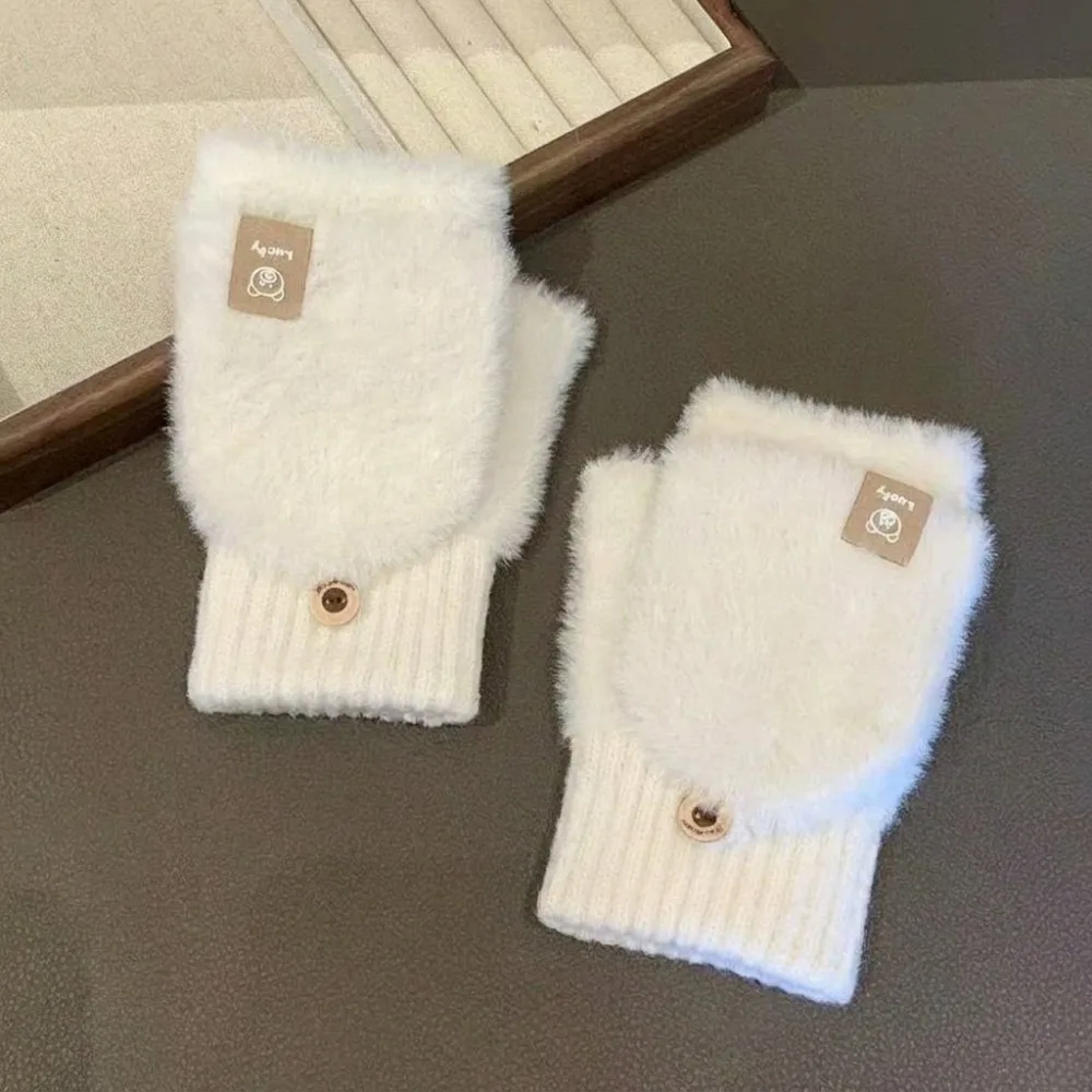 Thermal Soft Plush Flip Cover Gloves Fuzzy Touch Screen Half Finger Gloves Warm Cartoon Convertible Mittens Outdoor