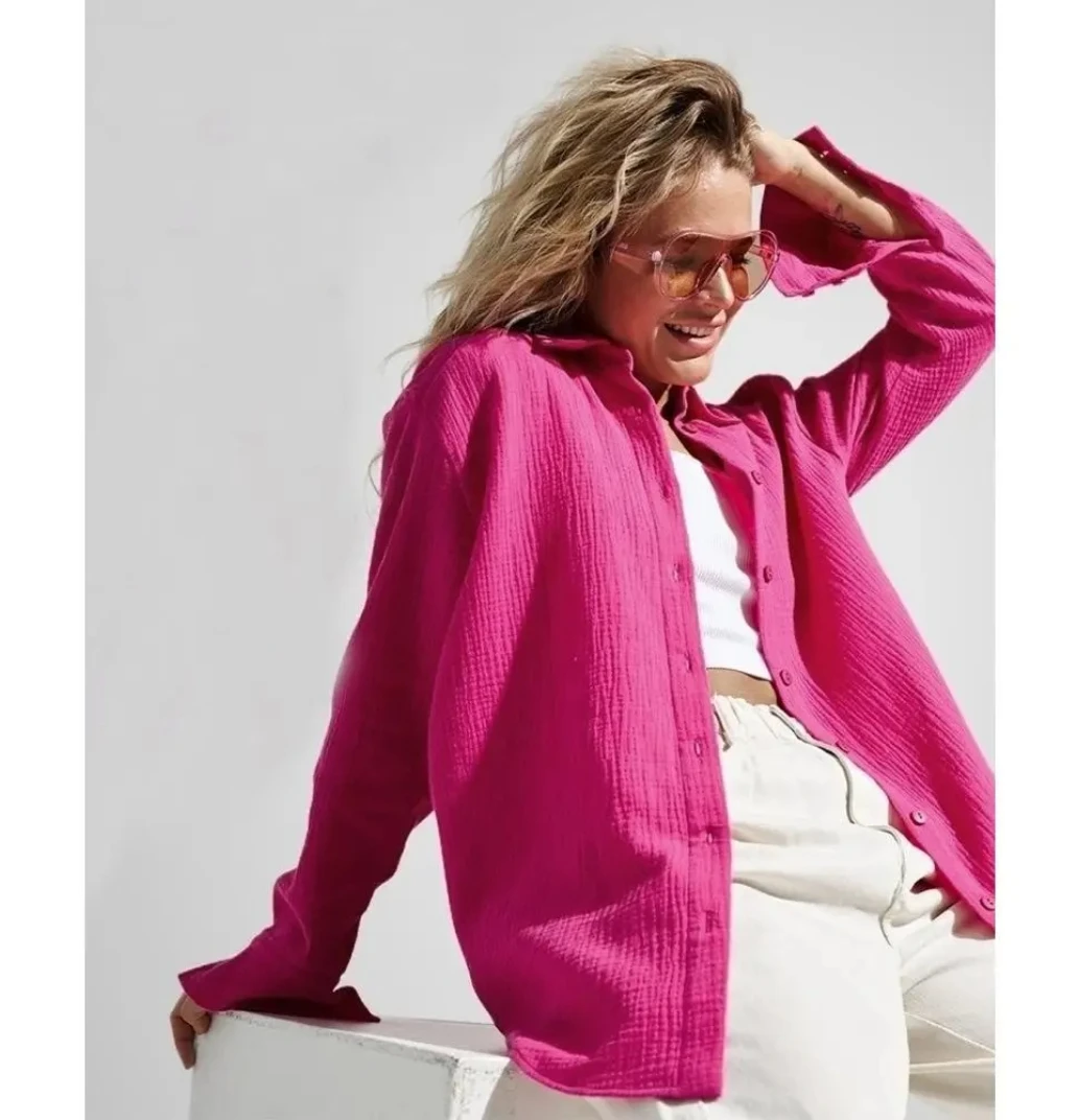 Baumwollhemd, lässig, einfarbig, lockere Damenoberteile, Knopfkleidung, langärmelig, elegante Hemden