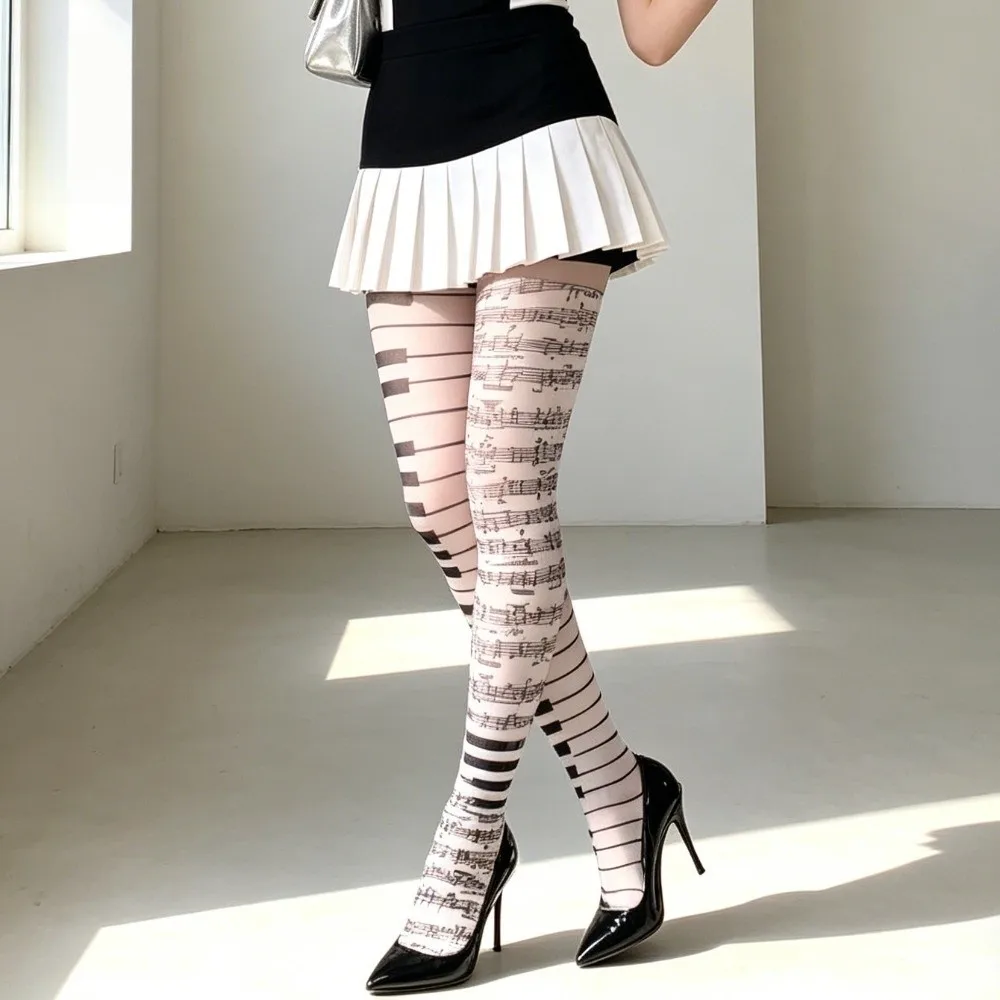 Funny Seamless Piano Stockings Elastic Thin Music Note Tights Breathable Funky Y2K Black White Pantyhose Cosplay