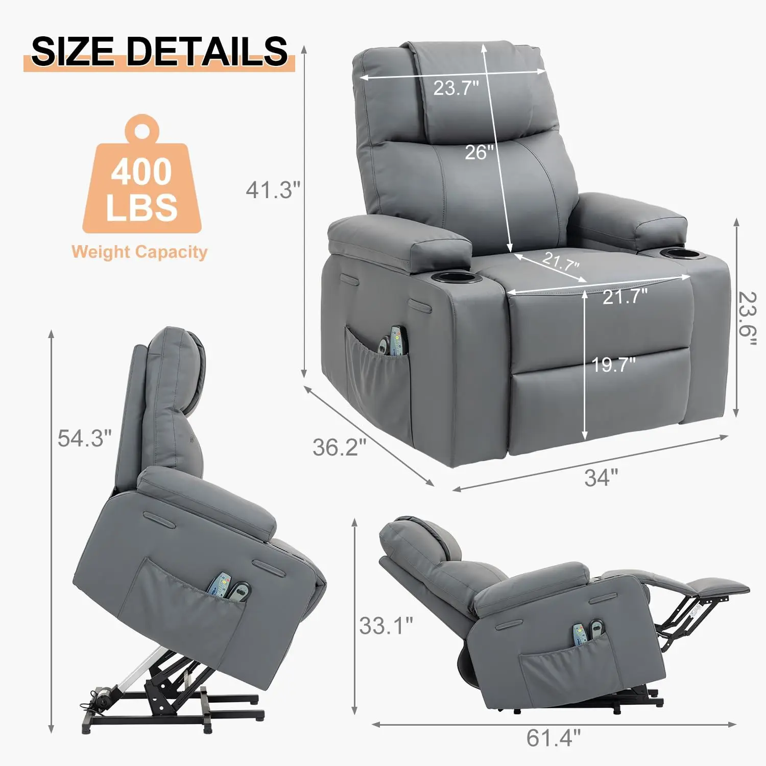 Comfortable Single Sofa Recliner Chair Power Lift Electric Stand Assist Massage Heat Functions Leather Gray Furniture Cup