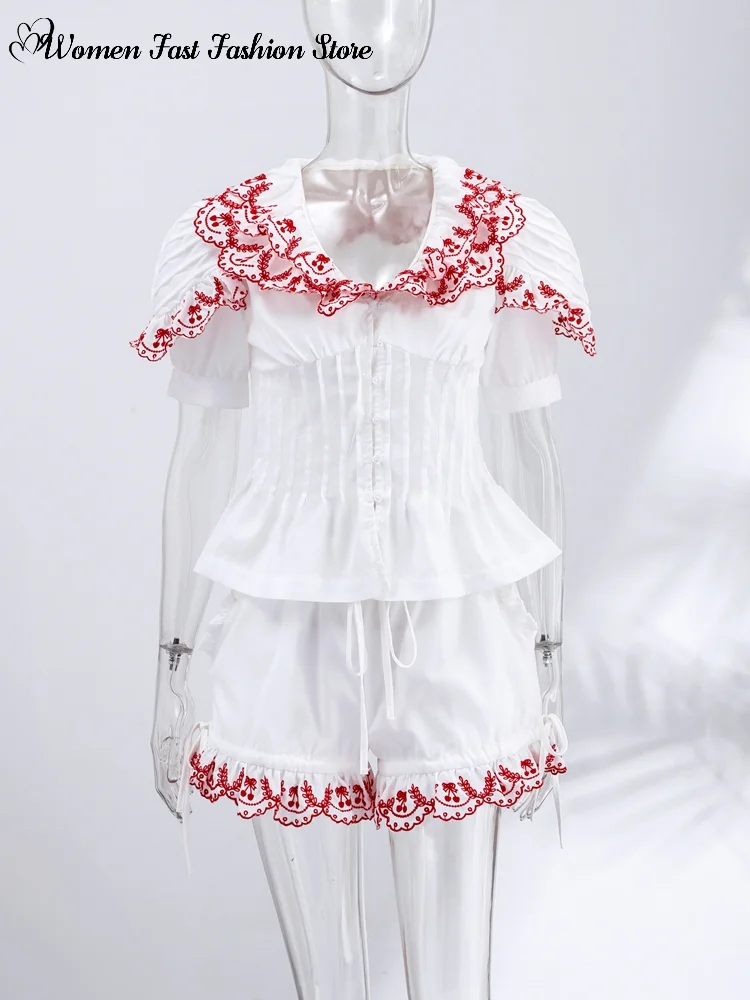 Conjunto de Camisa y Pantalones Cortos con Cuello Peter Pan para Mujer, Top de Manga Corta con Cierre de un Solo Botón, Pantalones Cortos con Cordones, Nuevo Conjunto de Verano 2026