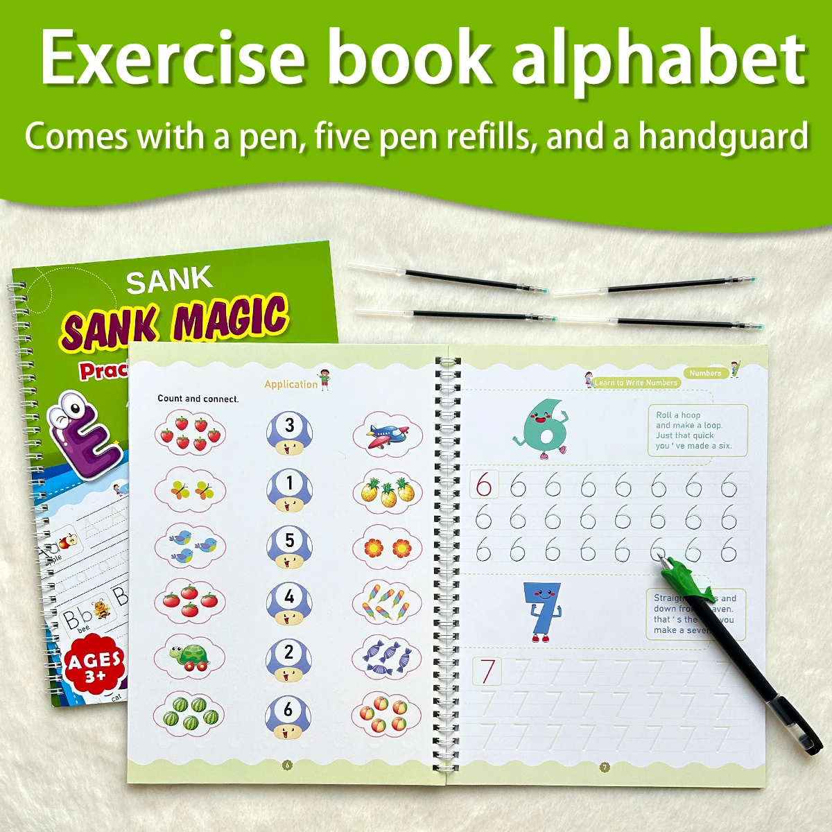 Sank Magic Reusable Practice Copybook Set for Preschool Kids Alphabet & Number Handwriting Tracing Workbooks with Pen Refills