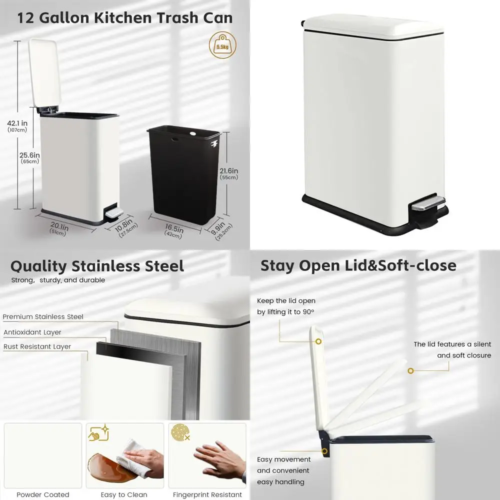 

12 Gallon Slim Stainless Steel Pedal Trash Can with Removable Inner Bucket and Soft-Close Lid, 45 Liter Capacity, White