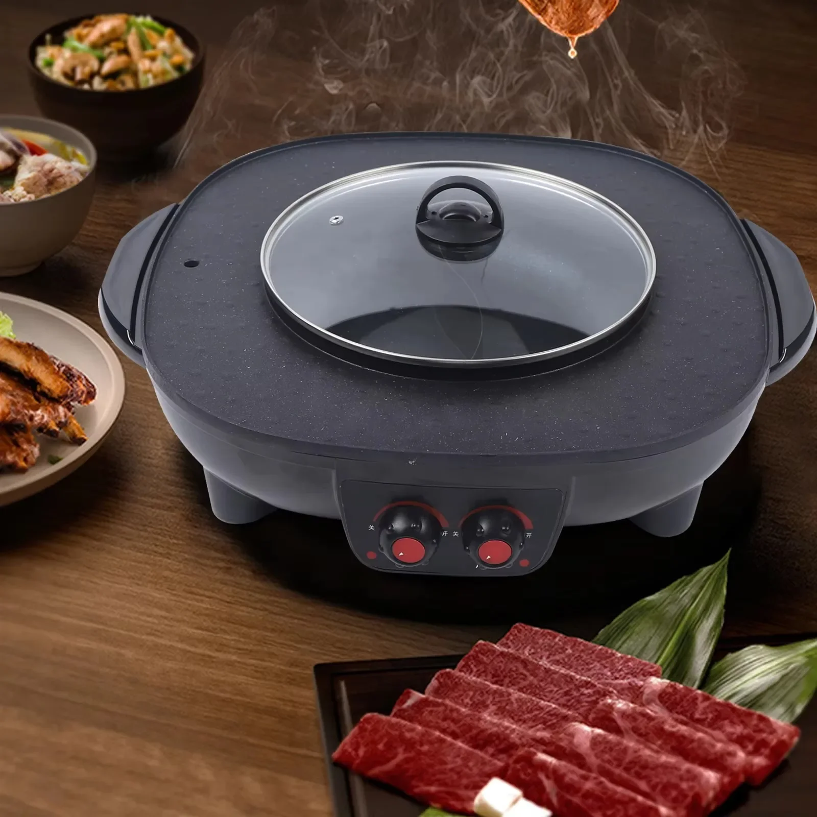 Olla Eléctrica 2 en 1 y Parrilla Raclette, Parrilla de Mesa y Olla para Sopa Desmontable, Olla Shabu Dividida para 5-6 Personas 2100W