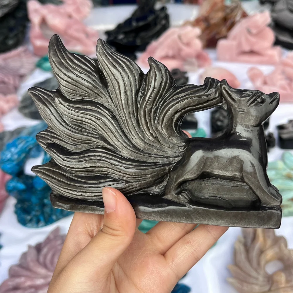 1PCS Natural Silver Obsidian Quartz Nine-Tailed Fox Carving Crystal Fengshui Love Healing Stone Home Decor Gift