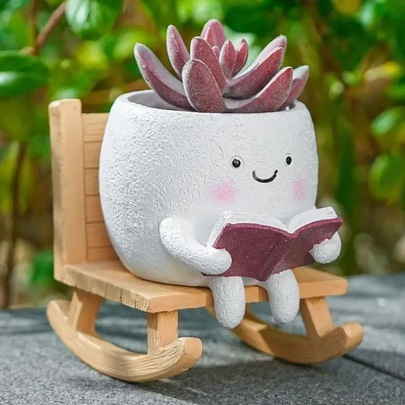 QX2E Happy Faces Rocking Planter Drainage Hole Included for Indoor Plant Gift