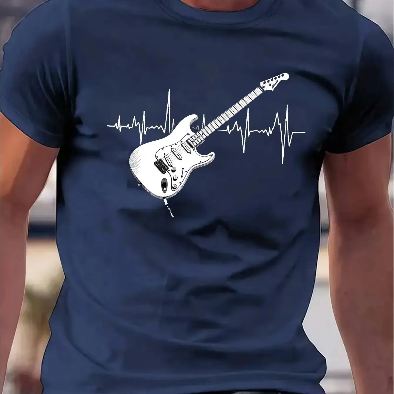 Men's Cotton Music Heartbeat Graphic T-Shirt Breathable Micro-Stretch Rock Band Design with Guitar Sound Waves Men Clothing