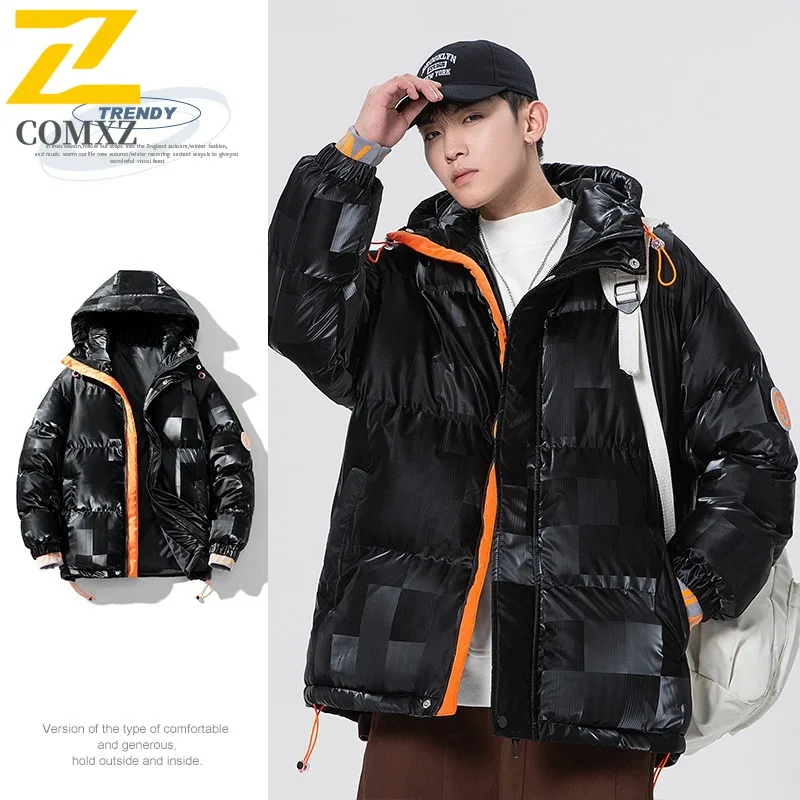 Men's PU Leather Hooded Puffer Jacket Winter Streetwear Coat Windproof Water-Resistant American Style Thickened Warm Outerwear