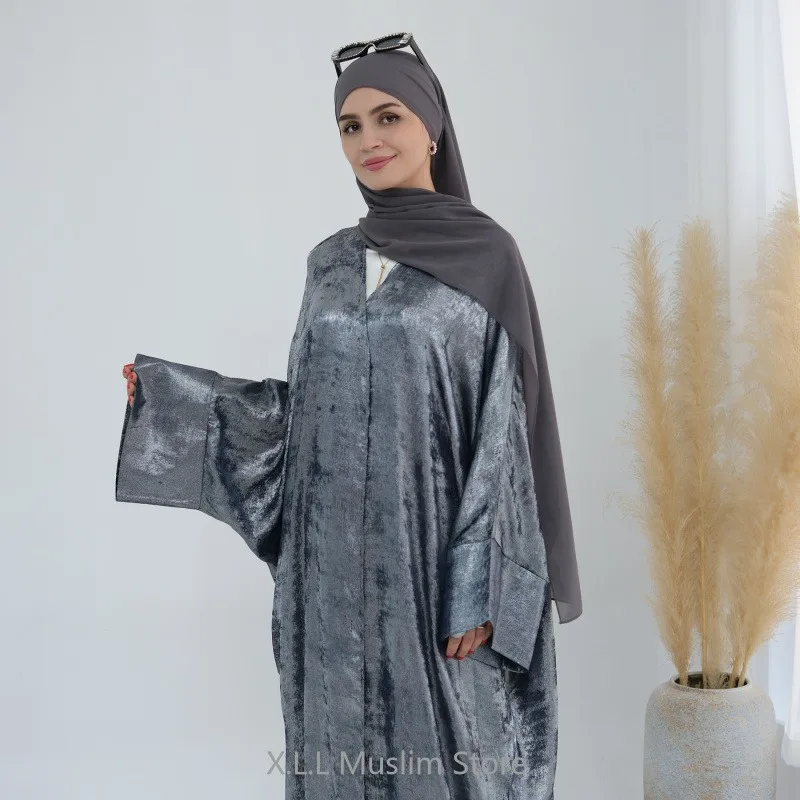 Eid Ramadán Kimono abierto satinado Abaya lujo Batwing Dubai Kaftan vestido musulmán modesto suelto Islam Kebaya ropa para mujer Bata