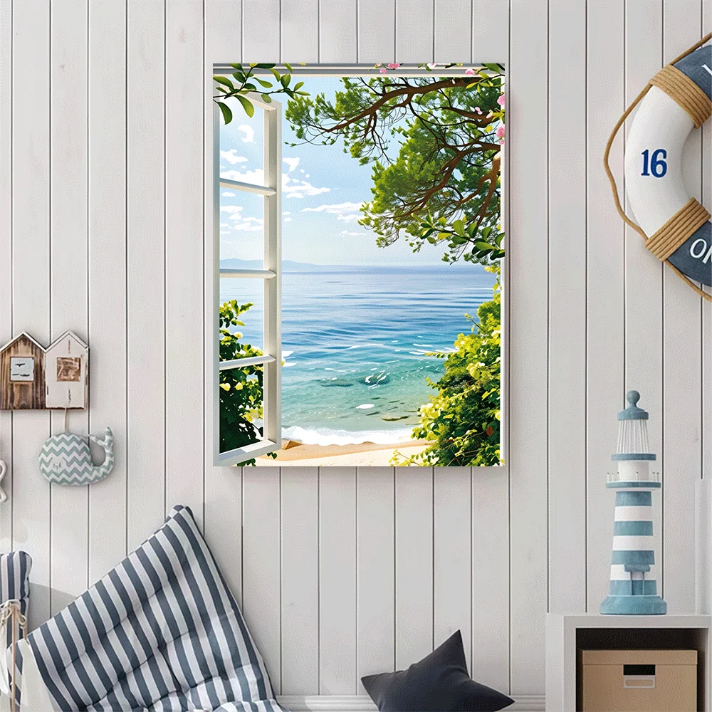 1PC-Canvas poster Unframed  Ocean View Through Window Beach Scene Canvas Art Print  summer
