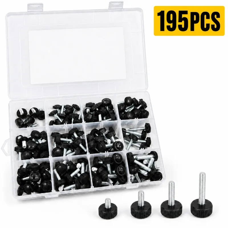 195PCS Knurled Thumb Screws Hand Tighten Plastic Handle Adjustable DIY PC Case Fastener Kit Home Repair DIY Tools Handyman Kit
