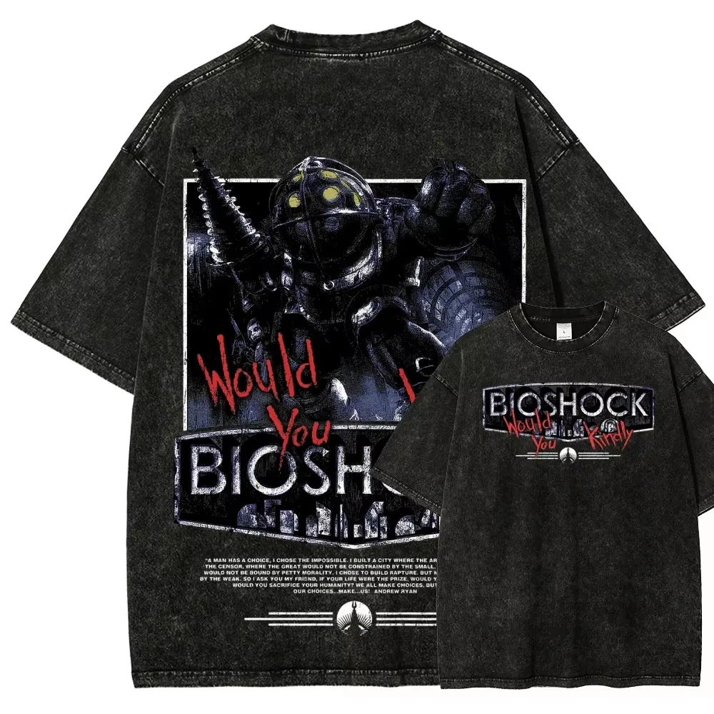 Klassisches Retro-Shooter-Spiel Bioshock Grafik-Print T-Shirt für Männer und Frauen Neues Harajuku Übergroßes Unisex-Paar-T-Shirt im Used-Look – Detail 4