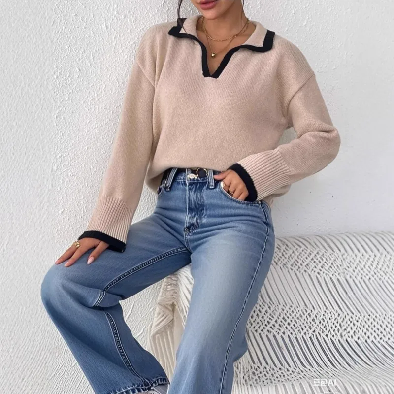 Color Blocking Patchwork Polo Collar Sweater Long Sleeved Top For Autumn Winter New Women's Casual Pullover Sweater Ropa Mujer