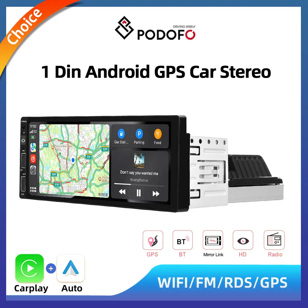 

Podofo 1 Din 6.86 Inch Android Car Radio Wireless CarPlay/Android Auto Wifi BT Handsfree GPS FM RDS USB IPS Screen MP5 Player