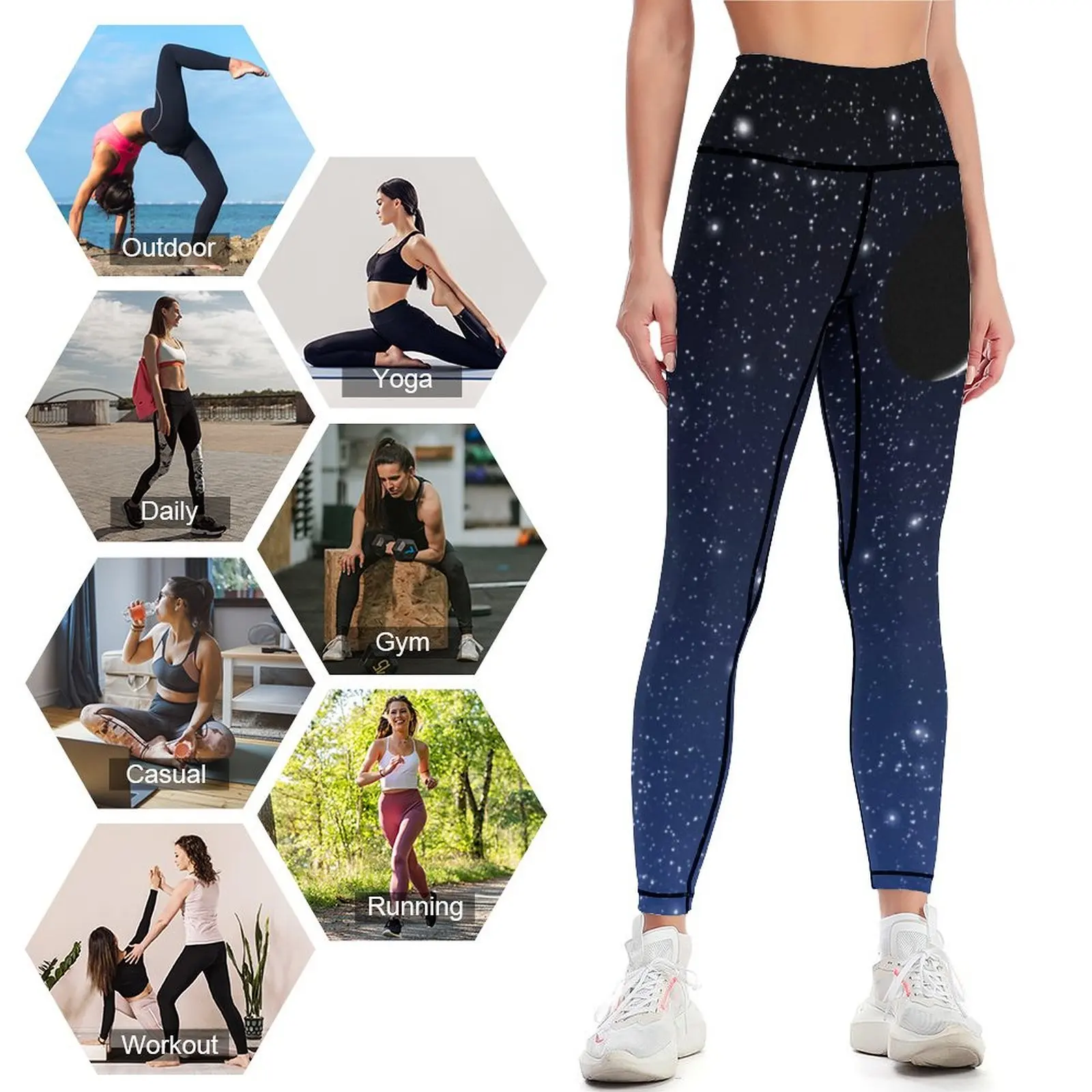 Stars and Crescent Moon, Deep Blue to Black Leggings Pants sport active wear legings for fitness Womens Leggings