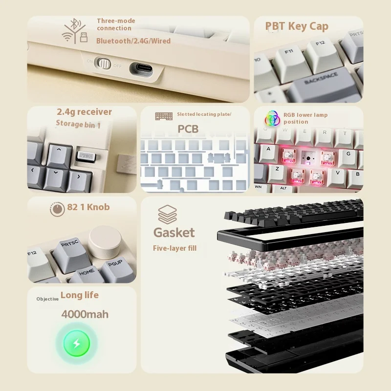 EPOMAKER Galaxy70% لوحة مفاتيح ميكانيكية ثلاثية الوضع، جسم ألومنيوم قابل للتبديل السريع RGB سماعة لاسلكية تعمل بالبلوتوث 2.4G ألعاب سلكية