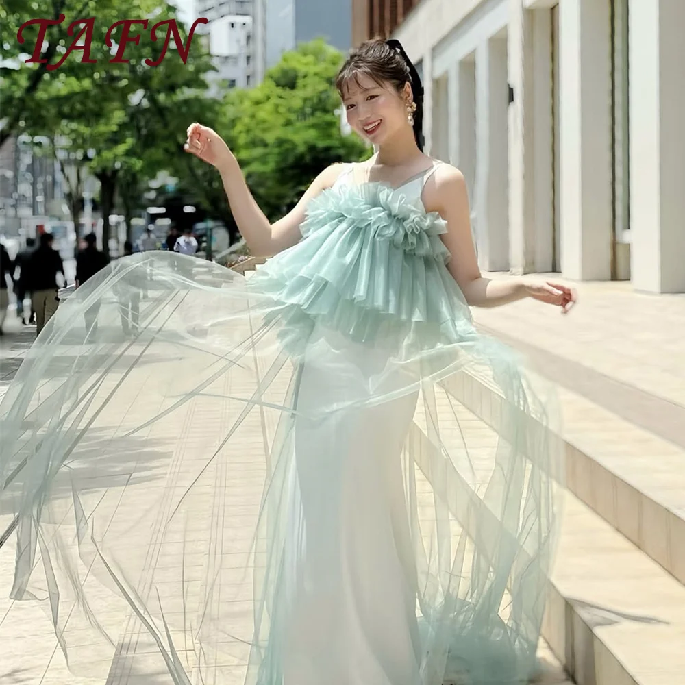 

TAFN Fairy Light Green and Ivory Prom Dress Pleats Tulle A Line Korea Wedding Photoshoot Customized Floor Length Reception Gown