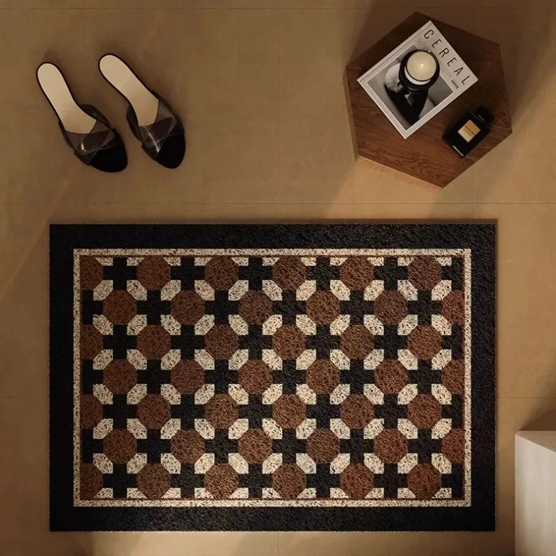 Retro Geometric Grid PVC Wire Loop Doormat Anti-slip Cuttable Entryway Floor Mat Washable Dirt Catcher Entrance Rug